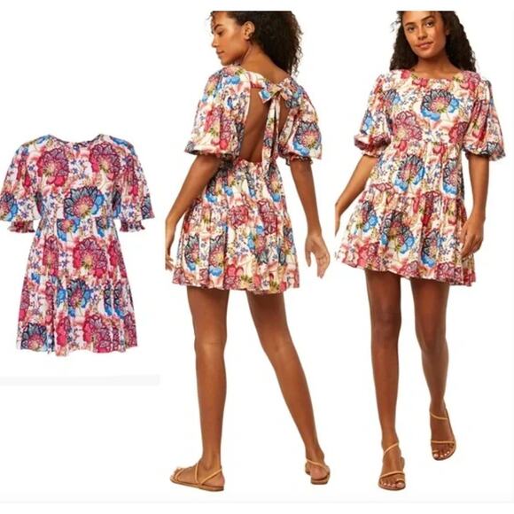 New MISA LA Honor Mini Dress Amalfi Botanical Floral Prairie Puff Sleeve Flowy - Picture 8 of 9